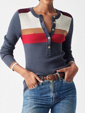 Faherty 'Mikki' Henley Sweater Top Throwback Stripe Womens Small Retail $168